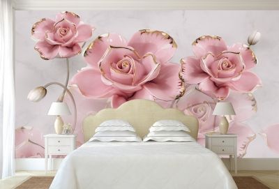 T9020 Фототапет 3D Цветя в розово и златно за спалня в бяло