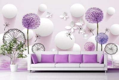 T9022 Wallpaper 3D Dandelions - white and purple