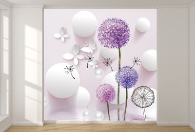 T9022 Wallpaper 3D Dandelions - white and purple