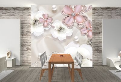 T9023 Wallpaper 3D Composition with flowers and jewelry