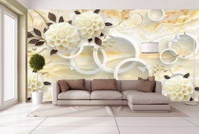 T9028 Wallpaper 3D Circles and vintage flowers
