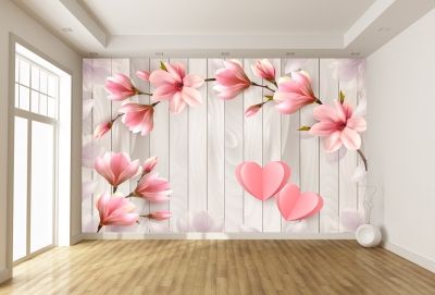 T9056 Wallpaper 3D Magnolias and hearts