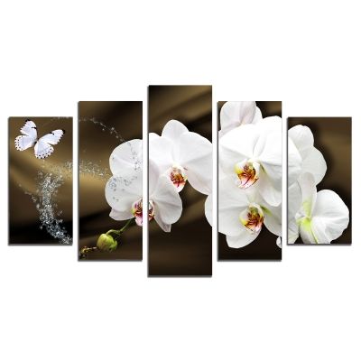 0750  Wall art decoration (set of 5 pieces) White orchids on brown background