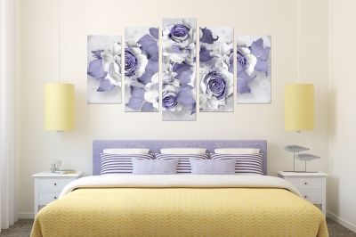 0751 Wall art decoration (set of 5 pieces) Abstract roses in purple and white
