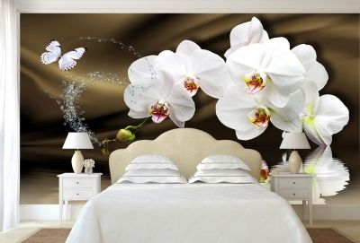 T0750 Фототапет Бели орхидеи на кафяв фон за спалня
