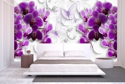 T0752 Wallpaper 3D Orchids, butterflies and diamonds