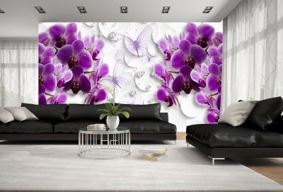 T0752 Фототапет 3D Орхидеи, пеперуди и диаманти за спа салон