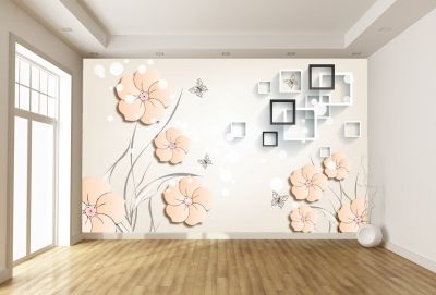 T9063 Wallpaper 3D Flowers, squares and butterflies