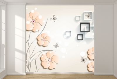T9063 Wallpaper 3D Flowers, squares and butterflies