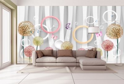 T9067 Wallpaper 3D Circles, dandelions and butterflies