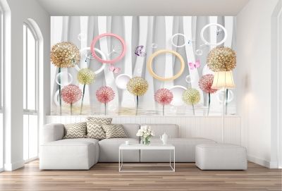 T9067 Wallpaper 3D Circles, dandelions and butterflies