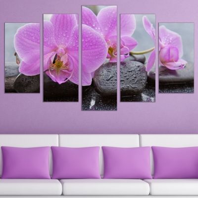 0758 Wall art decoration (set of 5 pieces) Zen composition with orchids and stones