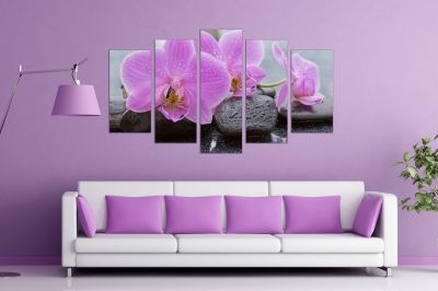 0758 Wall art decoration (set of 5 pieces) Zen composition with orchids and stones
