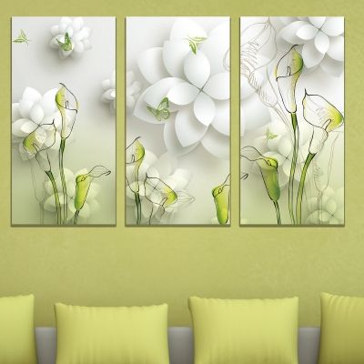 9019 Wall art decoration (set of 3 pieces) Flowers - white and green