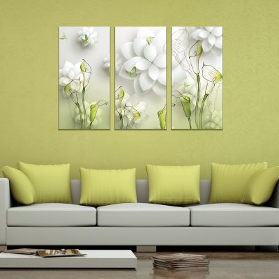 9019 Wall art decoration (set of 3 pieces) Flowers - white and green