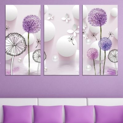 9022 Wall art decoration (set of 3 pieces) Dandelions - white and purple