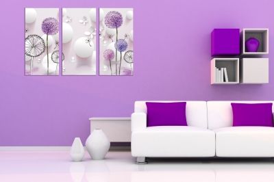 9022 Wall art decoration (set of 3 pieces) Dandelions - white and purple