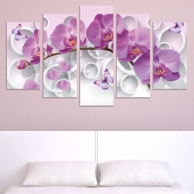0750  Wall art decoration (set of 5 pieces) White orchids on brown background for living room