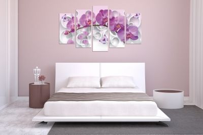 9013 Картина пано от 5 части Лилави орхидеи за спланя в лилавоели орхидеи на кафяв фон за спалня
