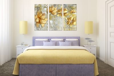 0764 Картина пано от 3 части Абстрактни златни цветя - декорация за спалня
