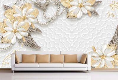 T9085 Wallpaper 3D Flowers - diamonds and gold