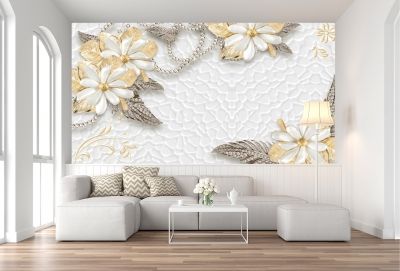 T9085 Wallpaper 3D Flowers - diamonds and gold