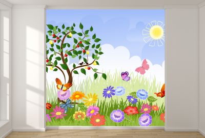 T9088 Wallpaper Summer landscape with tree, sun and flowers