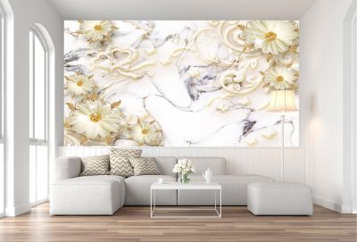 T9091 Wallpaper 3D Flowers - flowers, hearts and butterflies