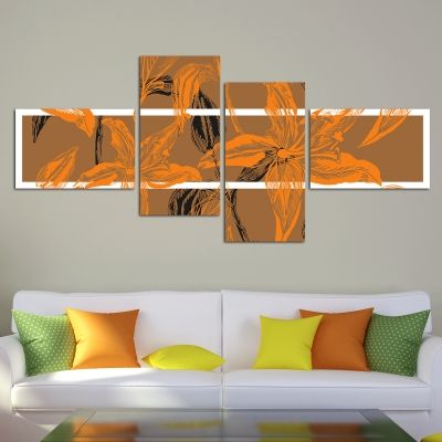 0133_1 Floral Wall art decoration (set of 4 pieces) in brown and orange