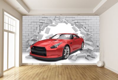 T9102 Wallpaper 3D Red car and brick wall