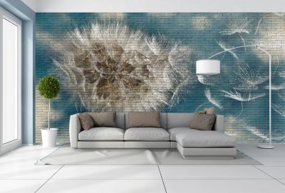 T0649_1  3D Wallpaper Dandelion on brick wall