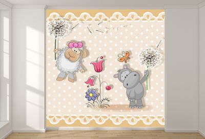 T9113 Wallpaper Animals with dandelions - beige