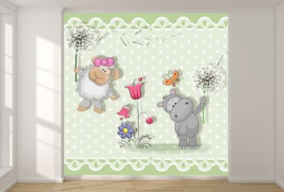 T9114 Wallpaper Animals with dandelions - green
