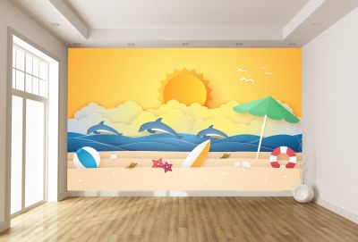T9127 3D Wallpaper Beach, sun, dolphins