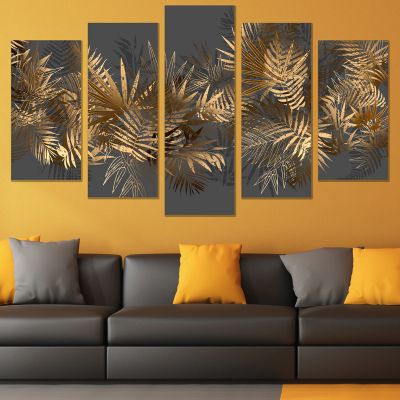 0835  Wall art decoration (set of 5 pieces) Golden leaves for living room