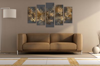 0835  Wall art decoration (set of 5 pieces) Golden leaves for bedroom