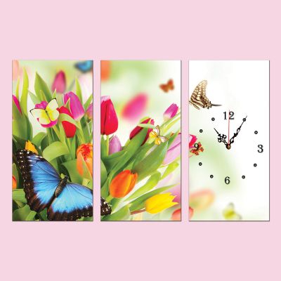 C0064 _3 Clock with print 3 pieces Tulips and butterflies