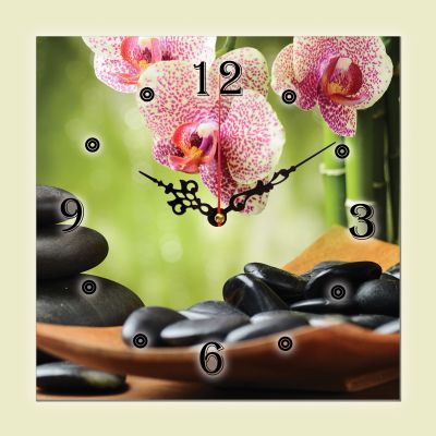 C0120_1 Clock with print SPA stones and orchids