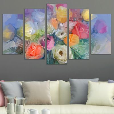 0847 Wall art decoration (set of 5 pieces) Roses in pastel colors