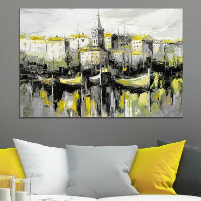 Абстракция в сиво и жълто - градски пейзаж с лодки