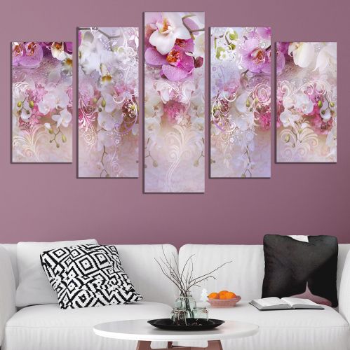 9179 Картина пано от 5 части Стена от орхидеи в бяло и лилаво