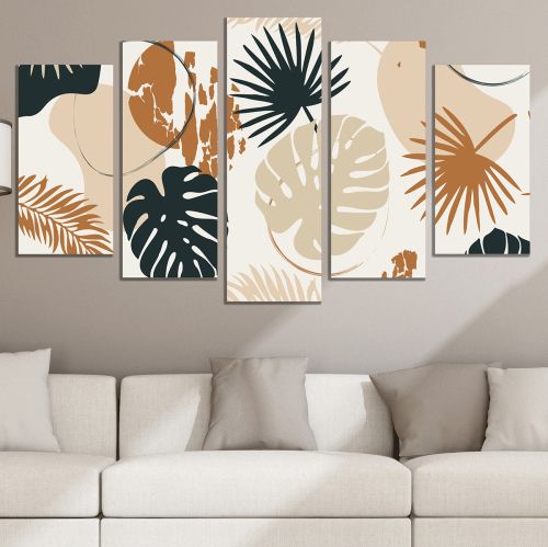 0835  Wall art decoration (set of 5 pieces) Golden leaves for living room
