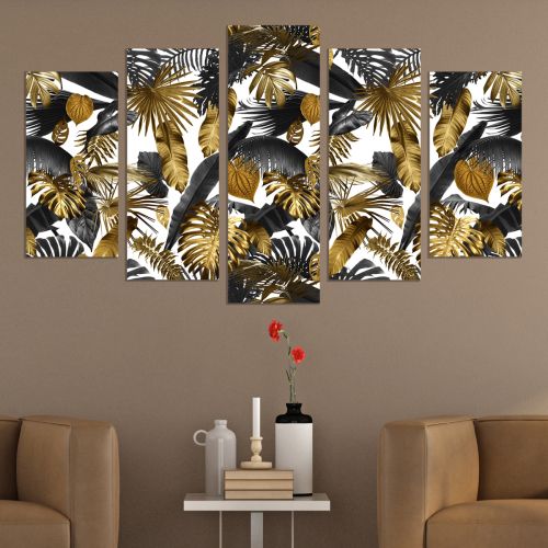 0895 Wall art decoration (set of 5 pieces) Tropical leaves in black and gold