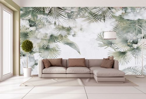 T0896 Wallpaper Tropical leaves in green