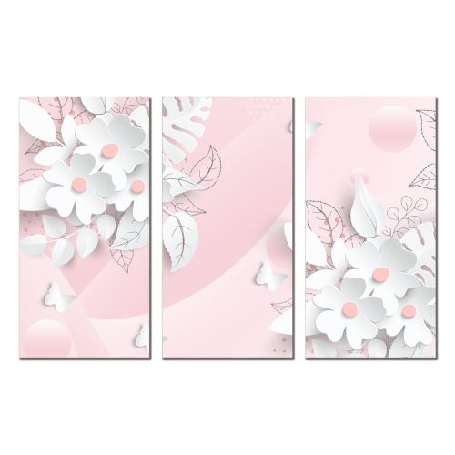 9194 Картина пано от 3 части 3D цветя в розово