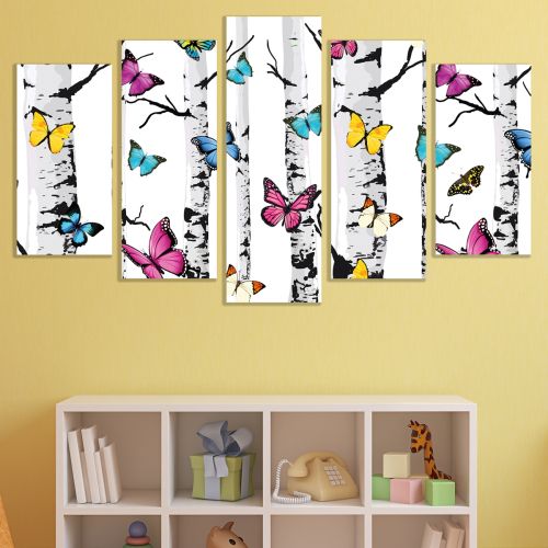 0892 Wall art decoration (set of 5 pieces) Colorful Tropical leaves