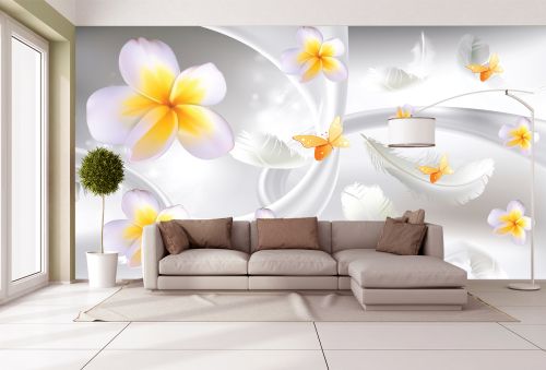 T9199 Wallpaper 3D Abstraction with flowers and feathers