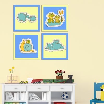 0175_1  Wall art decoration for kids (set of 4 pieces) Animal couples (blue and yellow)