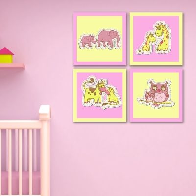 0175_2  Wall art decoration for kids (set of 4 pieces) Animals couples (pink and yellow)