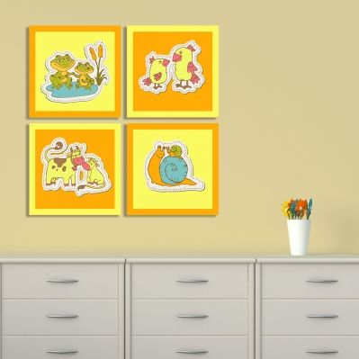 0175_3  Wall art decoration for kids (set of 4 pieces) Animals couples (orange and yellow)